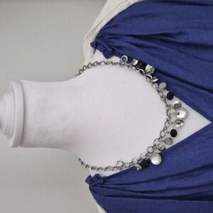 White House Black Market Silver Tone Charm Necklace with Black & Clear Crystal